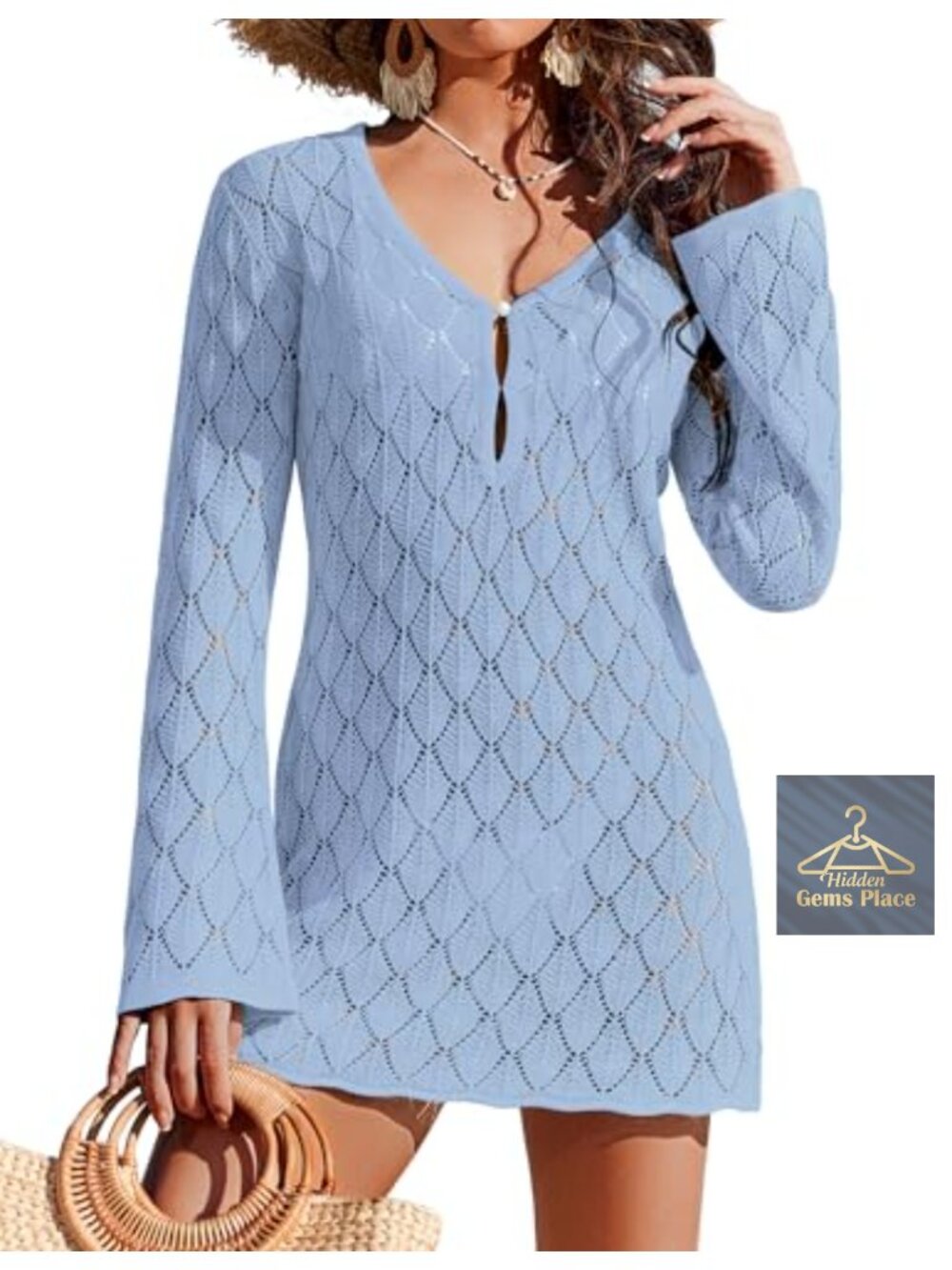 Long Sleeve Crochet Swimsuit Coverup Hollow Out Knit Beach Cover Up